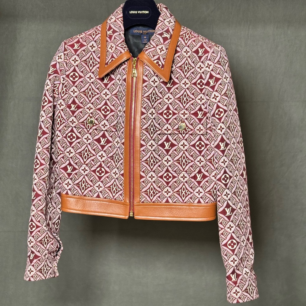 Louis Vuitton Women's Since 1854 Boxy Zipped Jacket in Burgundy & Brown Leather - Picture 4 of 13